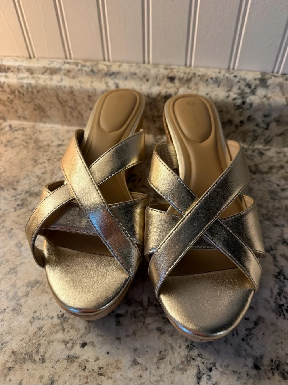 Metallic Gold Cork Wedge Slide Sandals - Cross Strap Comfort